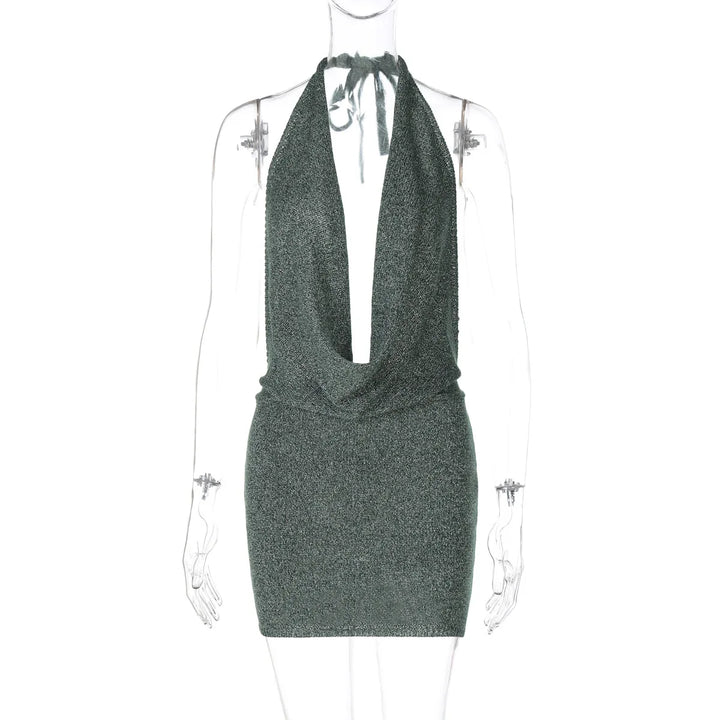 Knitted Sequin Mini Dress with Dropped Collar and Open Back - Kesem
