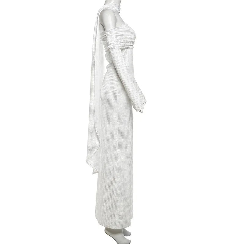 Maxi Off-Shoulder Dress with Glittering Sequins and Matching Scarf - Sandra