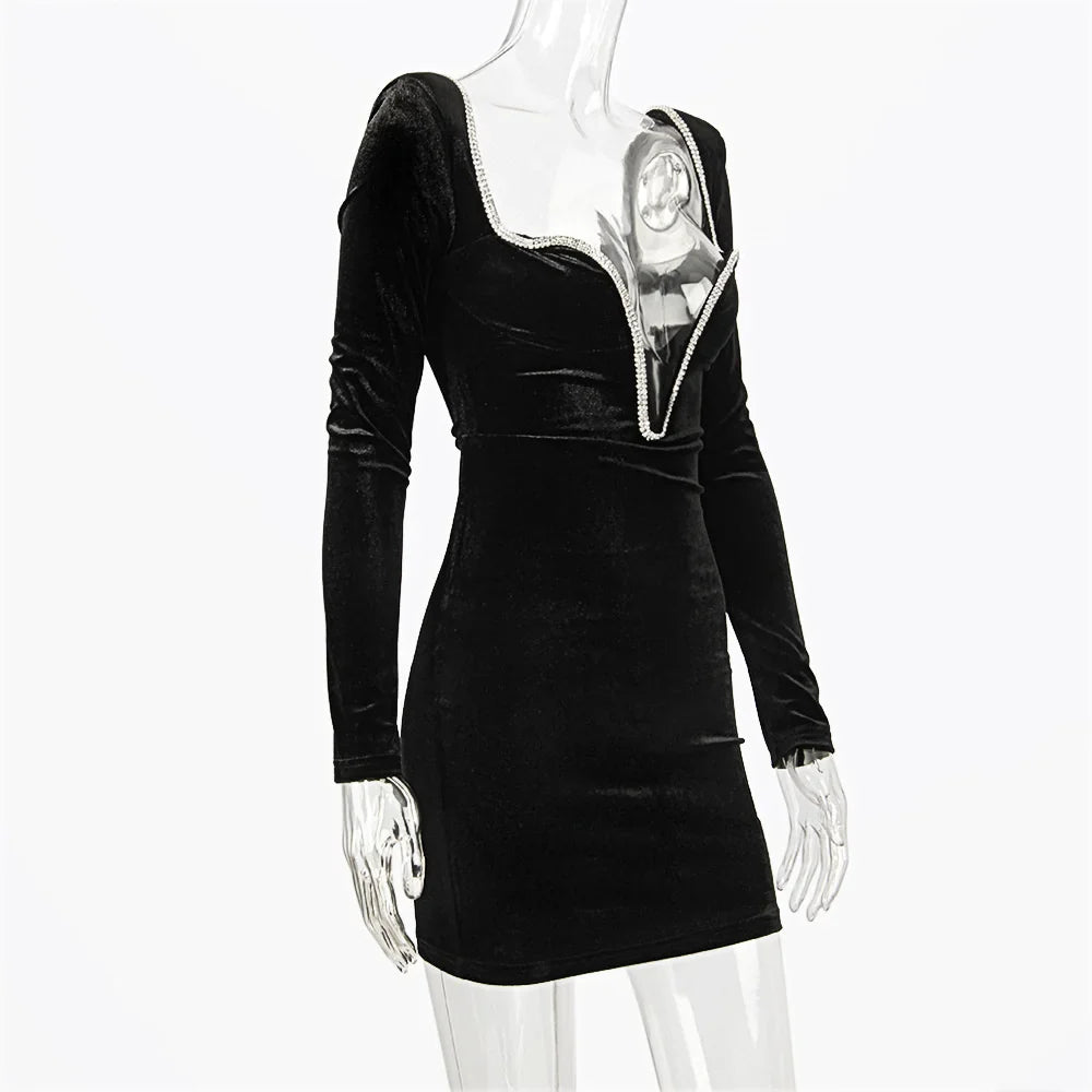 Mini velvet dress with deep V neckline decorated with diamonds - SANA