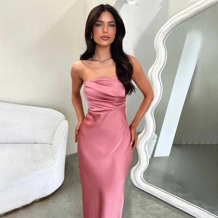 Maxi Strapless Satin Dress with Pleated Design - Rosa