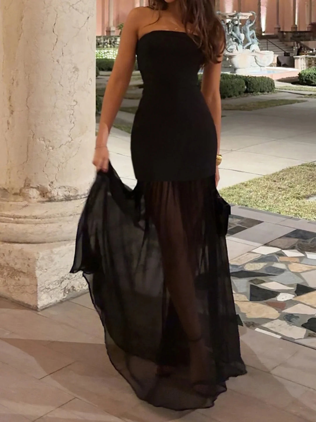 Strapless maxi dress with chiffon decoration and slit - Lettie
