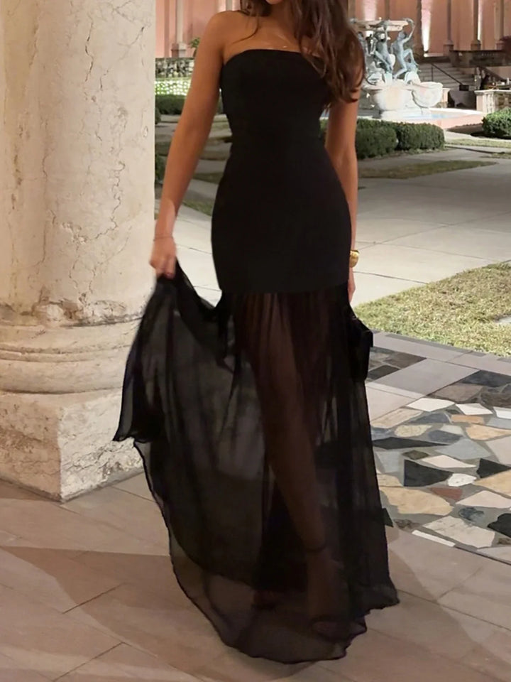 Strapless maxi dress with chiffon decoration and slit - Lettie