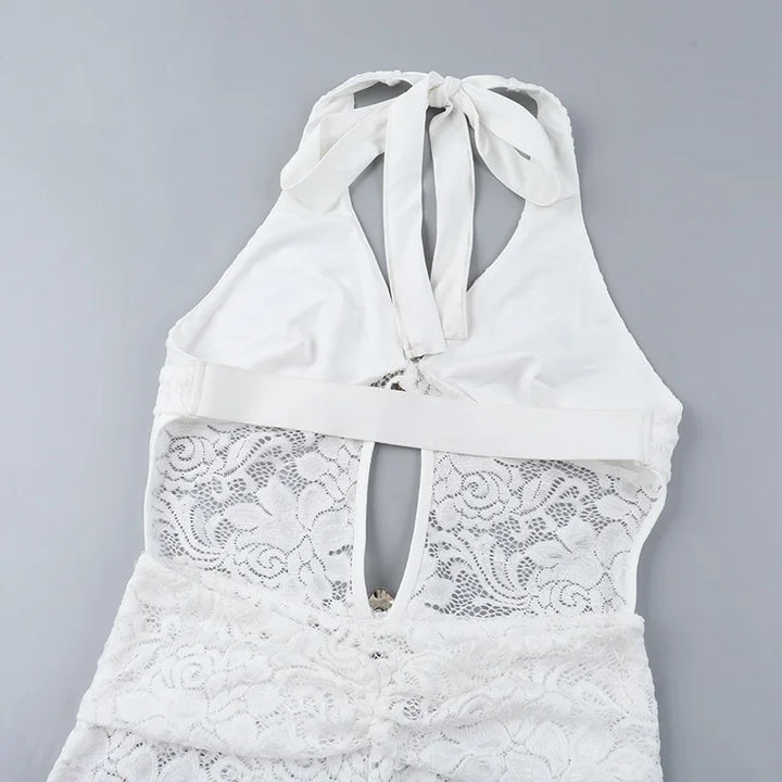Long lace jumpsuit with open back and buckle details - Brighton