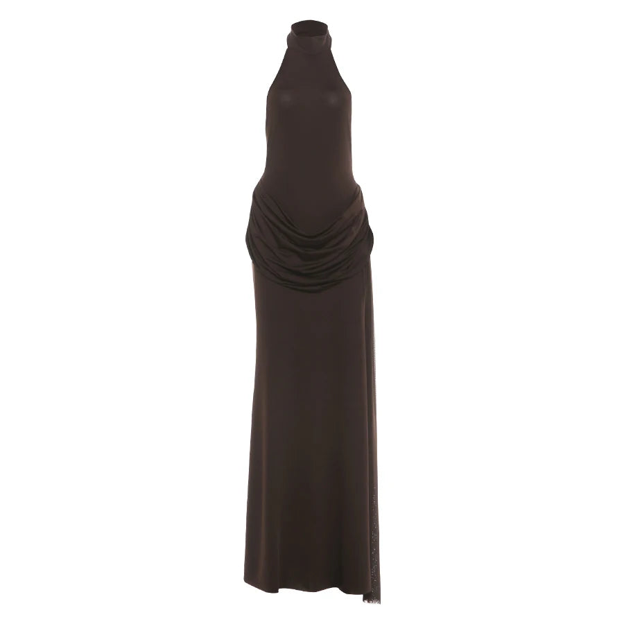 Maxi Dress with Collar, Open Back, Pleats, and Slit - Bianca