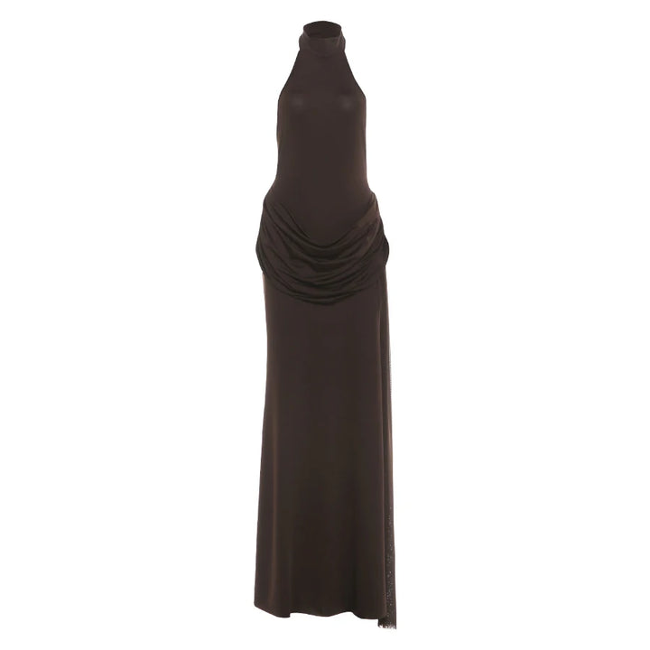 Maxi Dress with Collar, Open Back, Pleats, and Slit - Bianca
