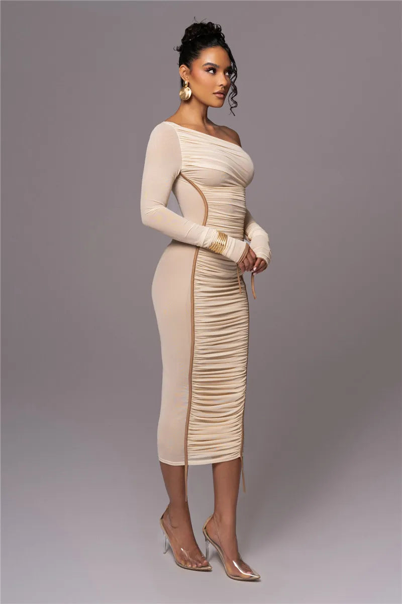 Midi ruched dress with asymmetrical neckline - LOV