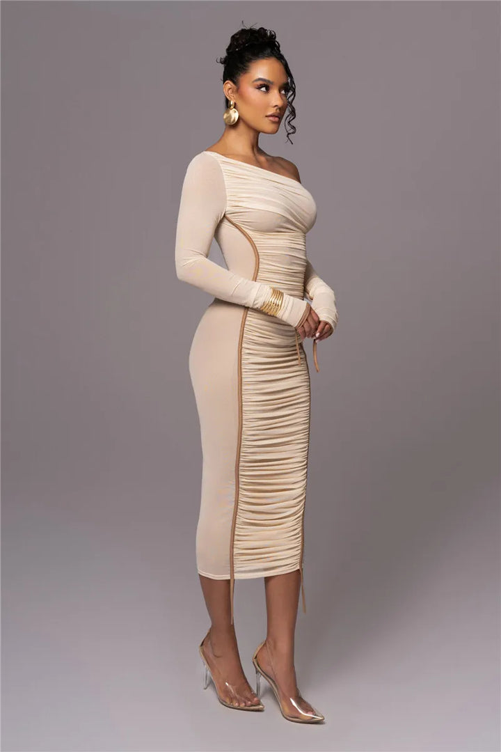 Midi ruched dress with asymmetrical neckline - LOV