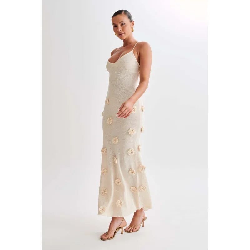 Knitted Maxi Dress with Floral Appliqués and Back Tie Detail - Malaya
