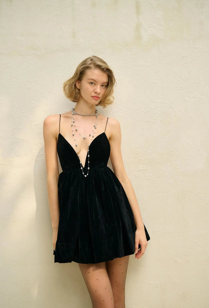 Velvet Mini Balloon Dress with Open Back - Myla