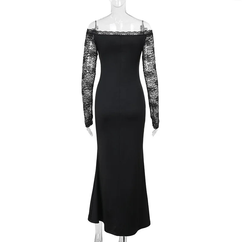 Maxi Dress with Lace Sleeve Detail and Off-Shoulder Design - Barbara