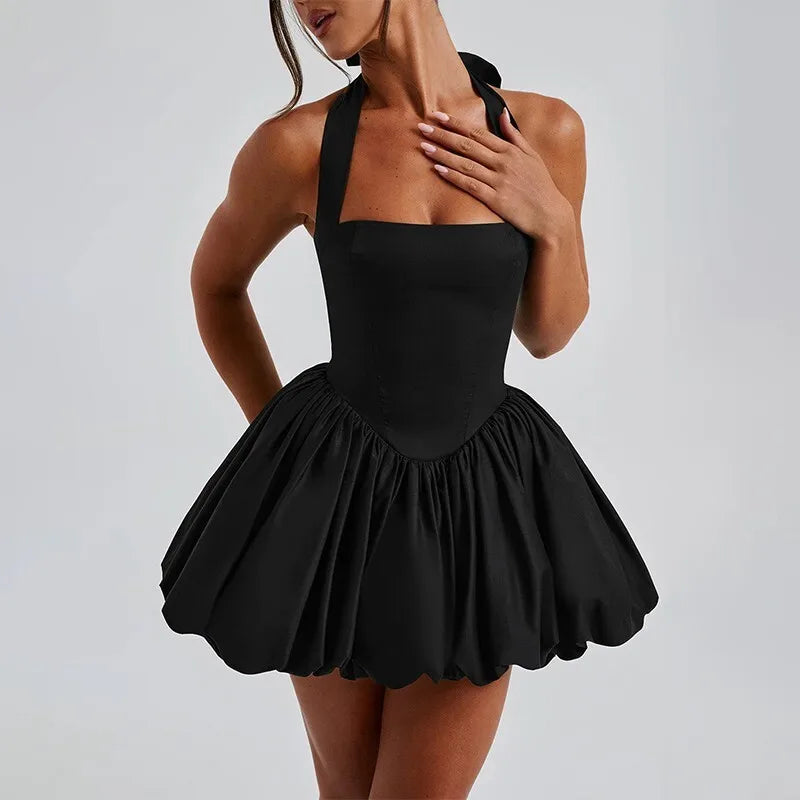 Balloon Mini Dress with Neck Tie and Satin Skirt - Mikaela