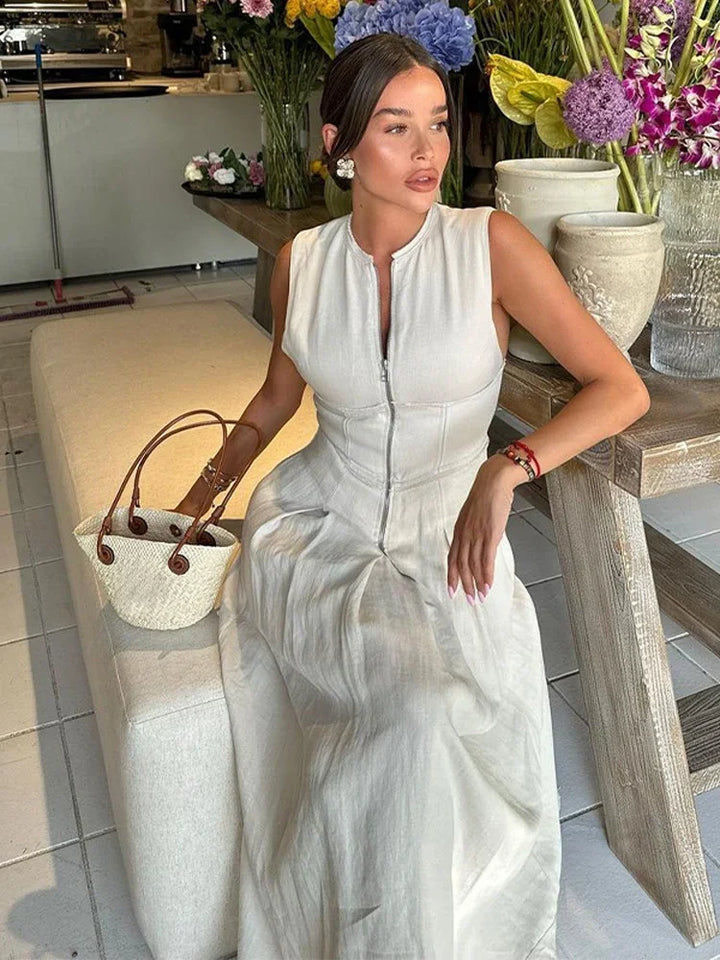 Tailored A-Line Maxi Dress with Front Zipper Closure - Adriana