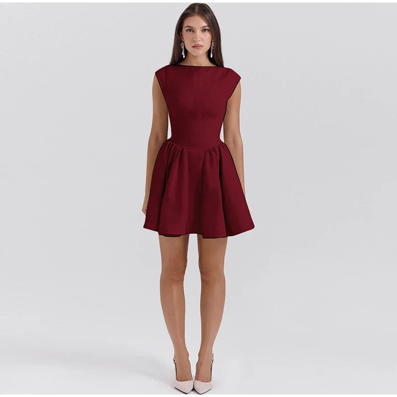 Linen Mini Dress in A-Line with Open Back - Marilyn