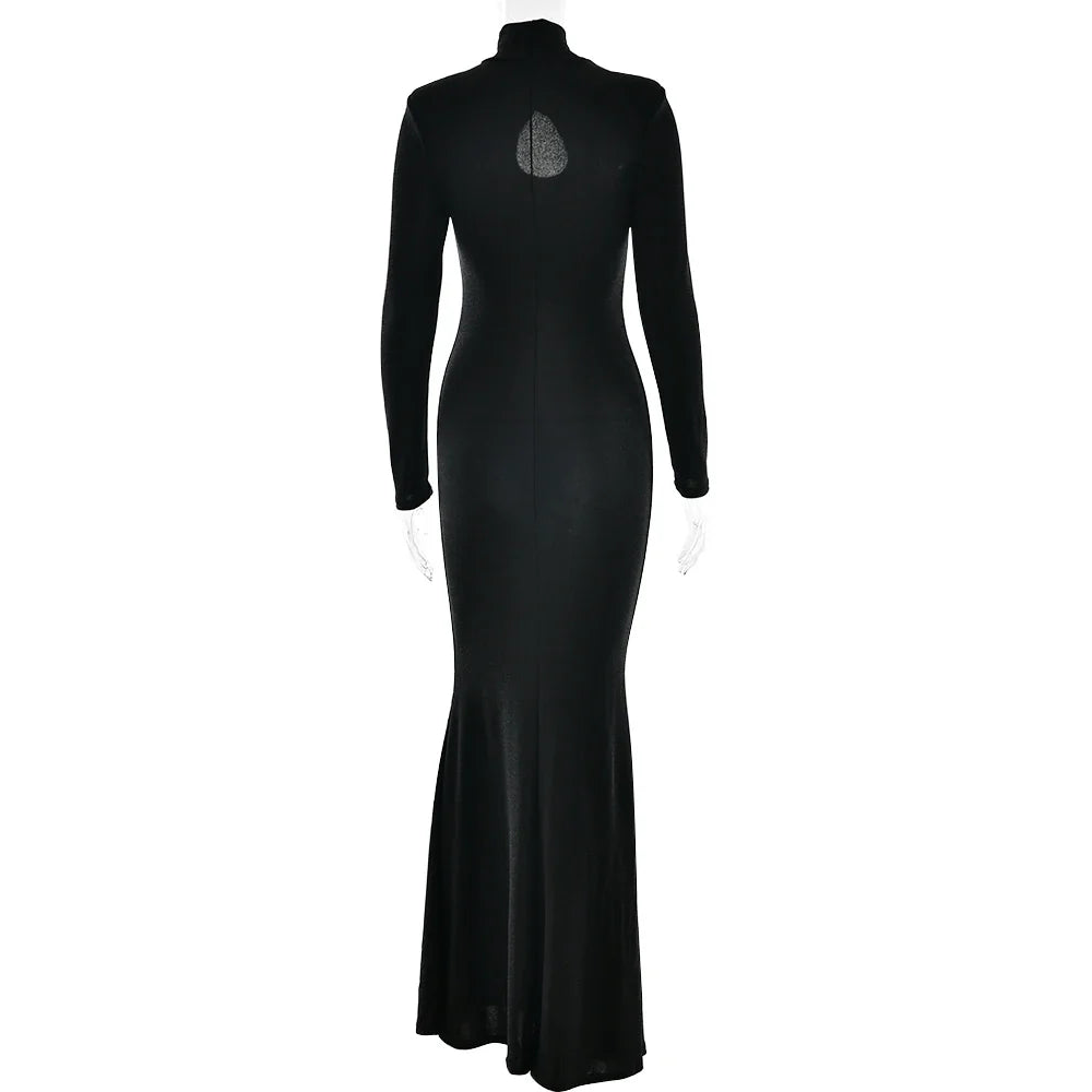 Glitter Maxi Dress with Turtleneck Collar and Cutout Embellishment - Elliana