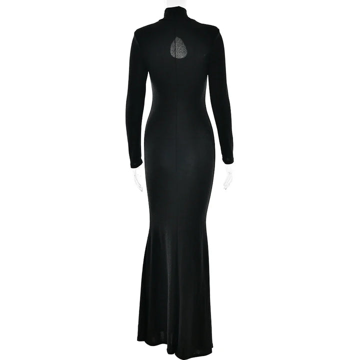 Glitter Maxi Dress with Turtleneck Collar and Cutout Embellishment - Elliana