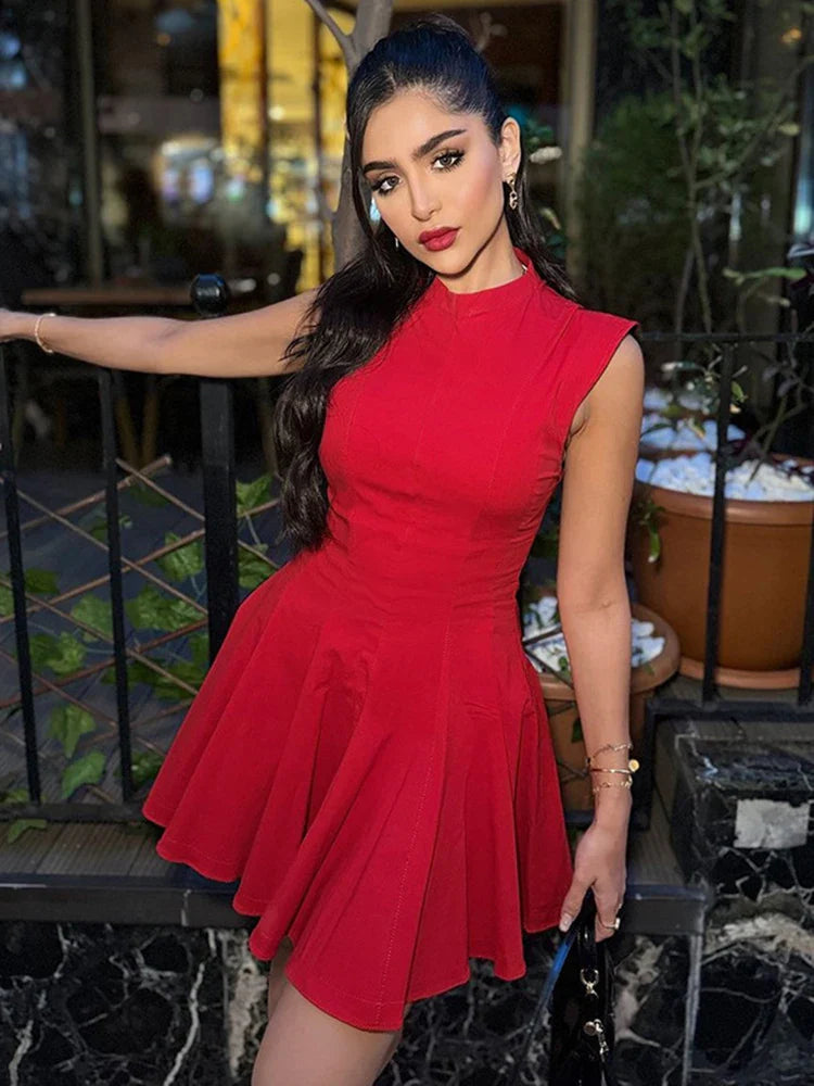 Ruffled Mini Dress with A-Line Cut and Half Turtleneck - Riley