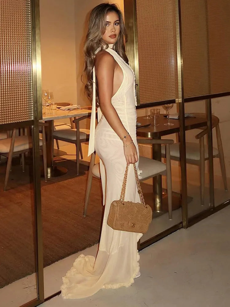 Maxi chiffon dress with ruffles and asymmetric design with matching scarf detail - Milka