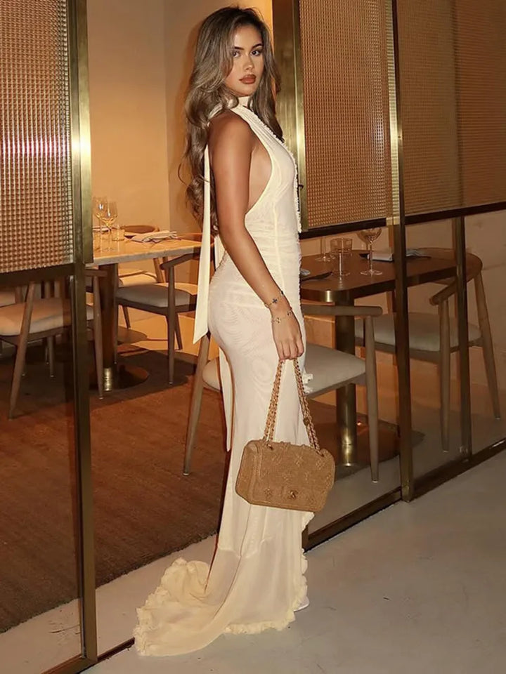 Maxi chiffon dress with ruffles and asymmetric design with matching scarf detail - Milka