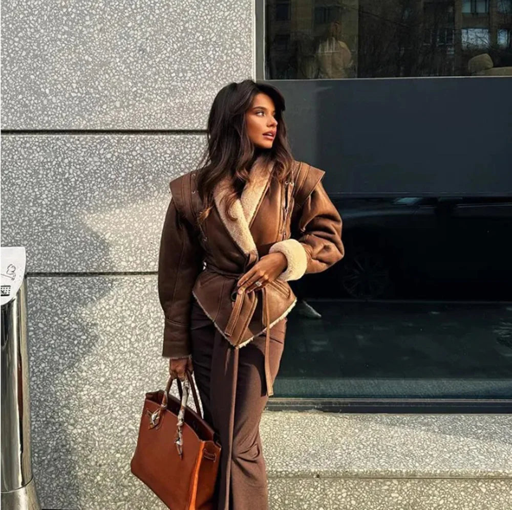 Leather coat with inner fur and belt tie design - Moran