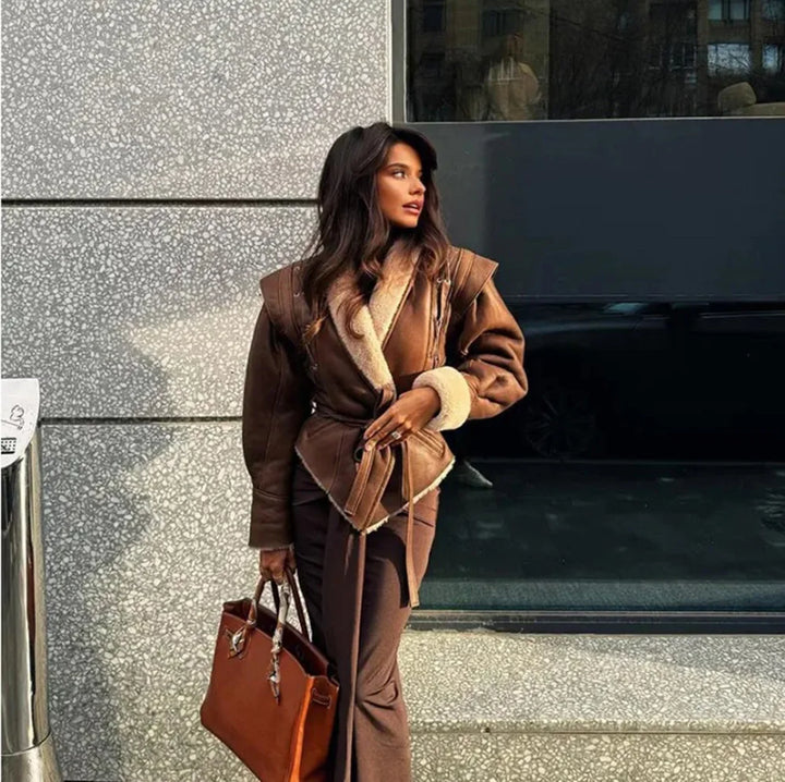Leather coat with inner fur and belt tie design - Moran