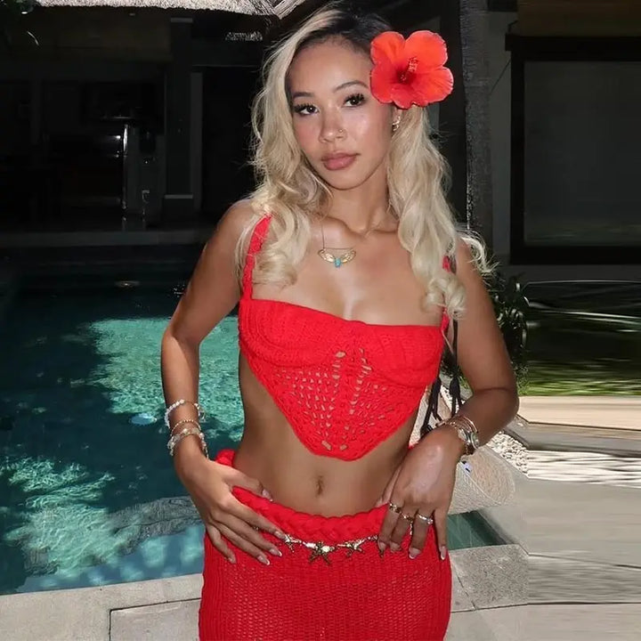 Two-piece crocheted beach set, top and maxi skirt - Aqua