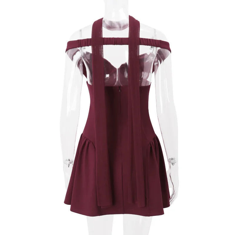 Mini A-line dress with open back and matching scarf decoration - Tamara