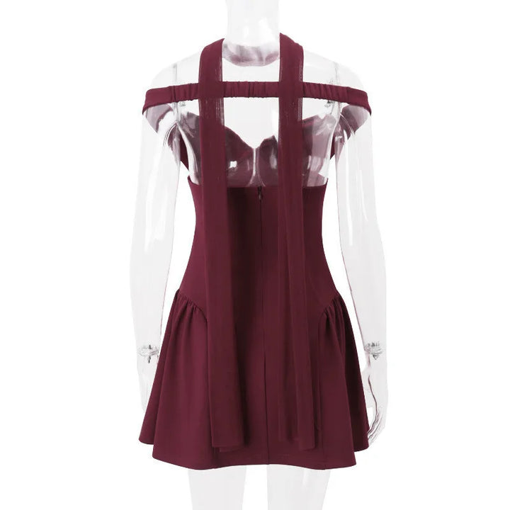 Mini A-line dress with open back and matching scarf decoration - Tamara