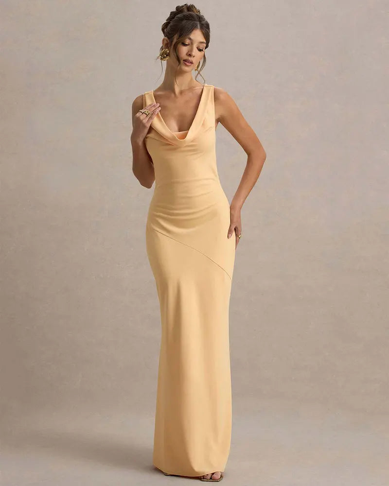 Maxi satin dress with draped collar and open back - Alexis