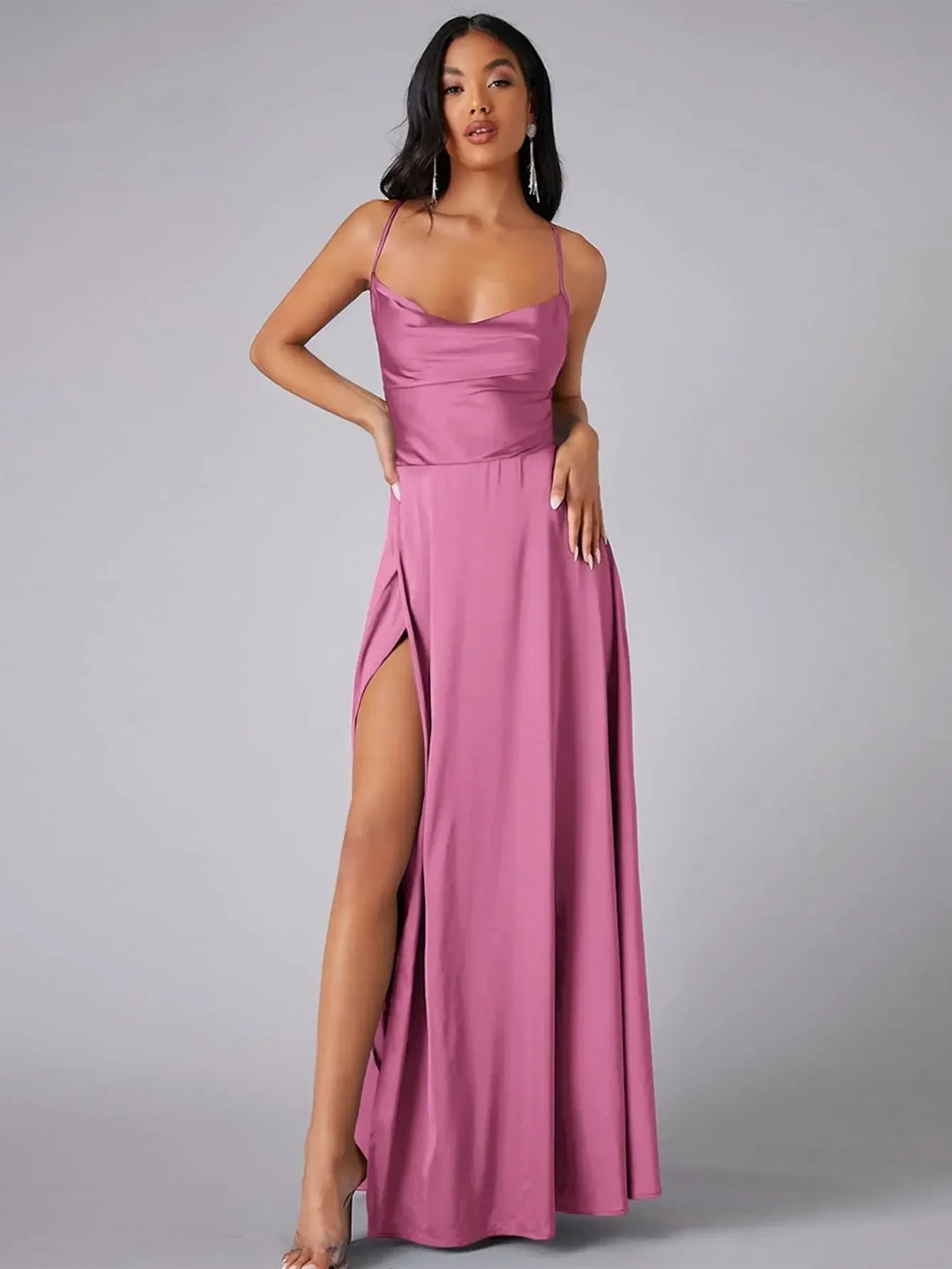 Maxi Satin Dress with Slit Detail and Back Tie - Leona