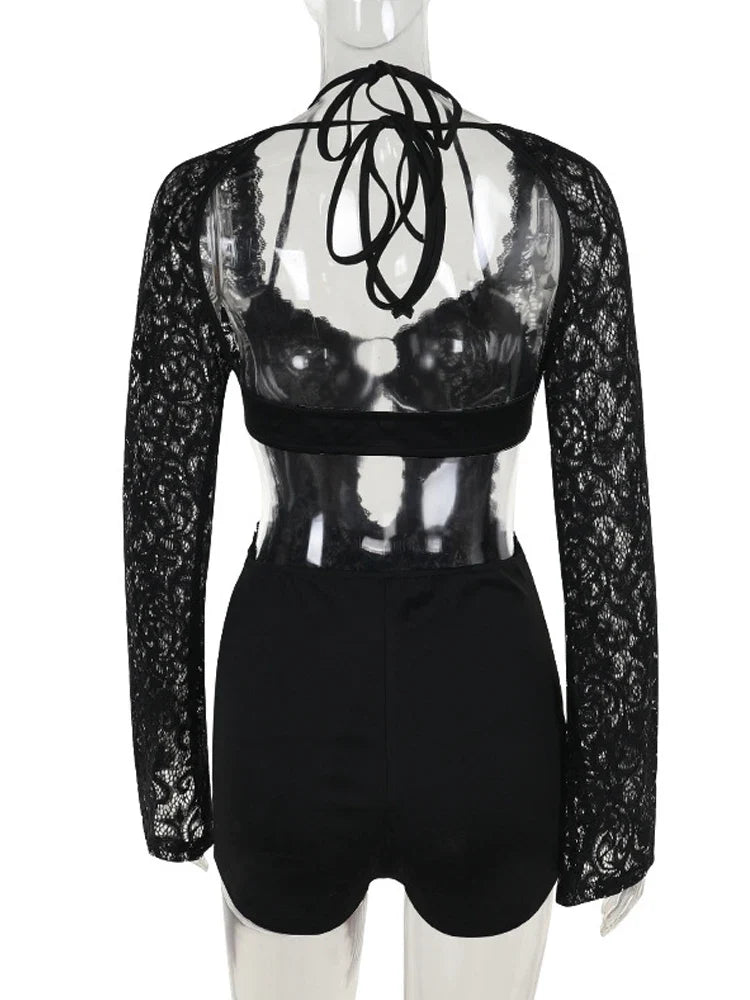 Short lace jumpsuit with long sleeves, hoop design, and open back - Hunter