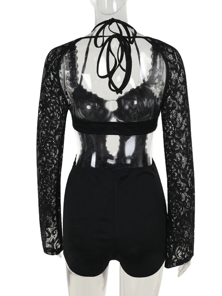 Short lace jumpsuit with long sleeves, hoop design, and open back - Hunter