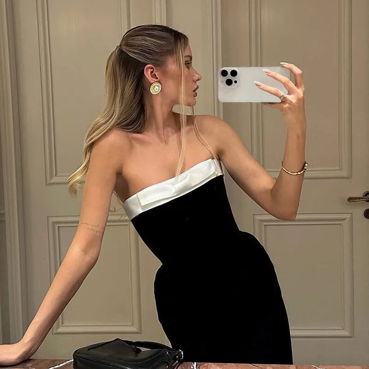 Elegant Strapless Midi Dress with Bow Detail - MORA