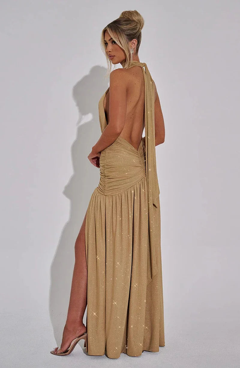 Glitter Maxi Dress with Slit, Deep V-Neck, Open Back, and Neck Tie - Emery