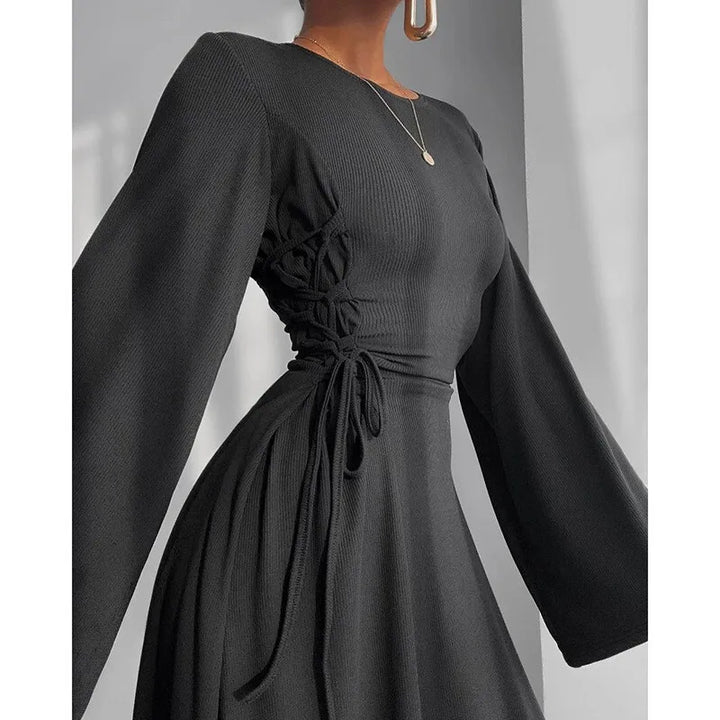 Modest knitted A-line maxi dress with waist ties - Liri