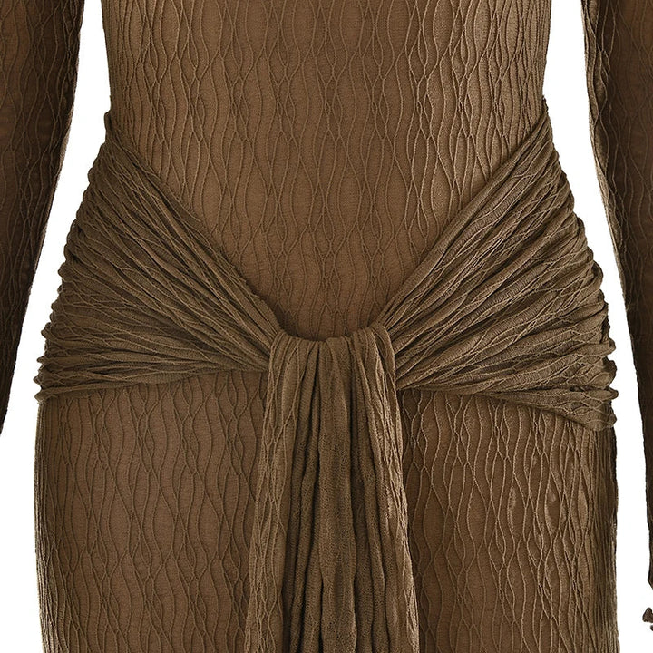 Maxi dress with ruching, tie decoration, and turtleneck collar - Halsey
