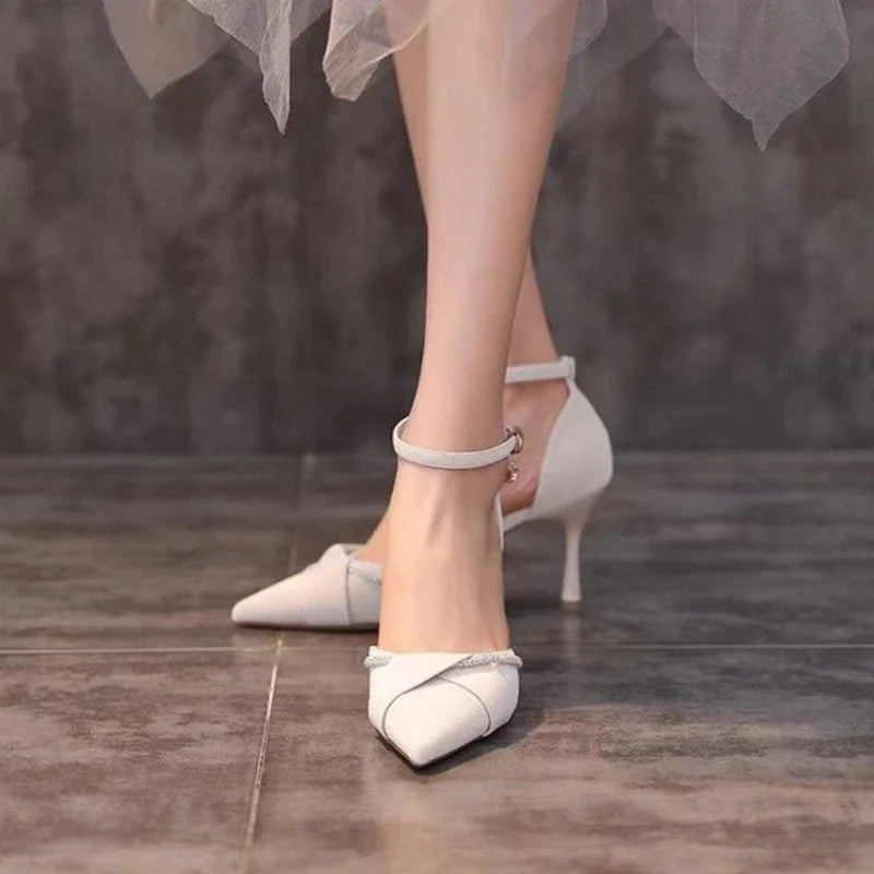 Faux Leather Pointed Heels with Rhinestone Decoration - Mila