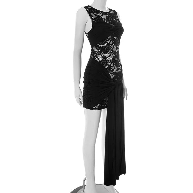 Lace mini dress decorated with trailing tie - Karin