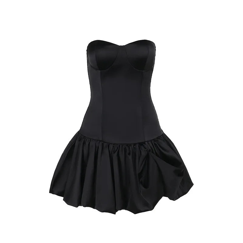 Strapless Satin Mini Dress with Balloon Ruching Design - BELLEN