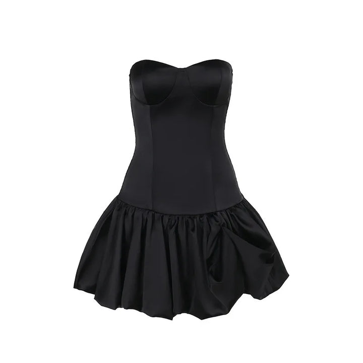 Strapless Satin Mini Dress with Balloon Ruching Design - BELLEN