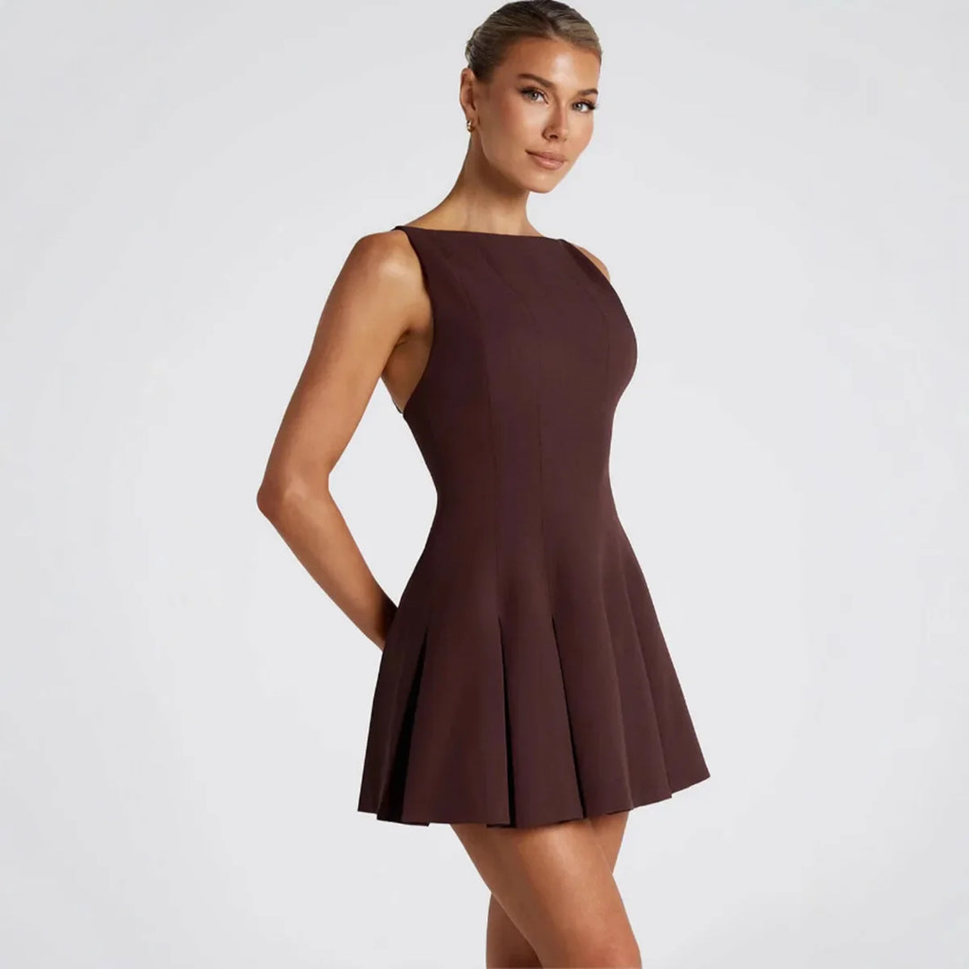 A-line Pleated Mini Dress with Open Back - Judith
