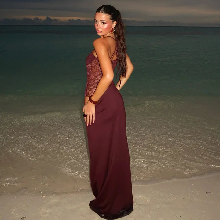 Elegant Maxi Dress with Lace and Tie Straps - Indigo