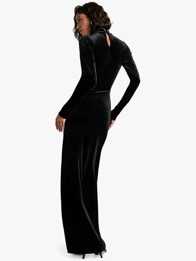 Velvet maxi dress with turtleneck and tie design - Karina