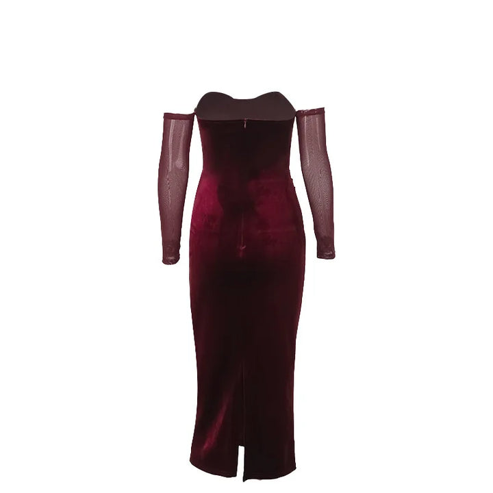 Velvet midi dress with pleats, off-shoulder, and mesh sleeves - Johanna