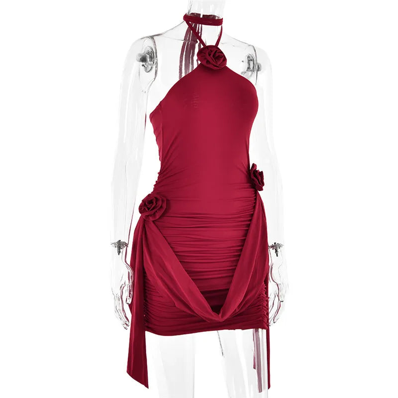Ruched mini dress with neck tie and floral appliqué - Jasmina