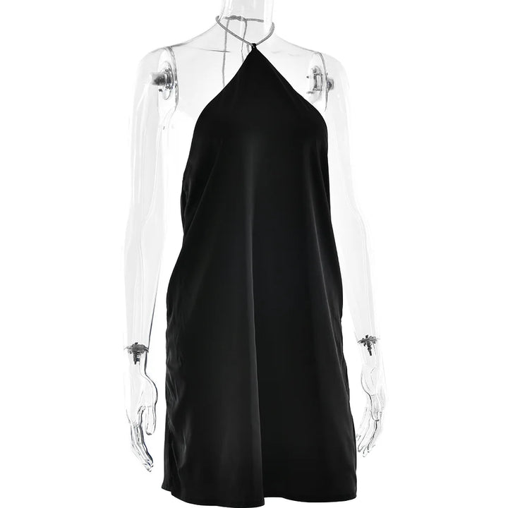 Satin mini dress with sparkling sequin threads tied at neck - Colin