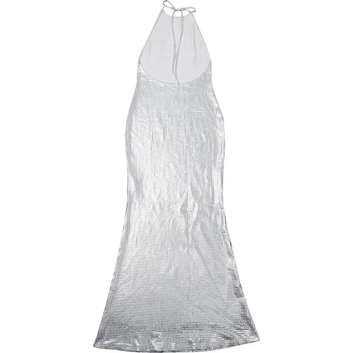 Maxi Dress with Collar, Open Back, and Sparkling Square Design - Casey
