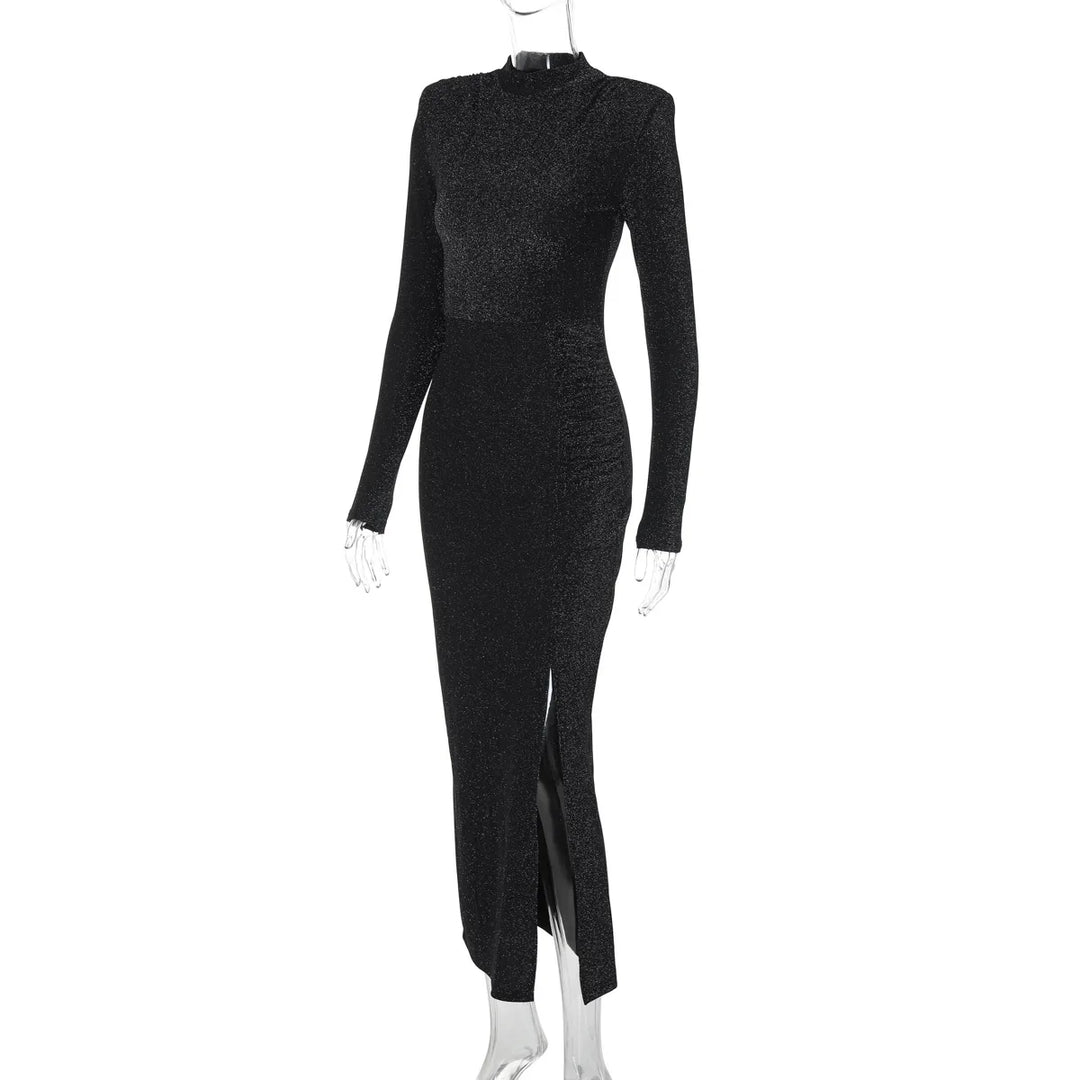 Sequin Maxi Dress with Half Turtleneck, Ruched Design, and Short Slit - Hazel