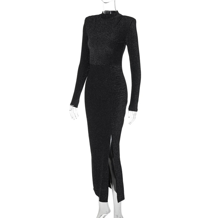 Sequin Maxi Dress with Half Turtleneck, Ruched Design, and Short Slit - Hazel