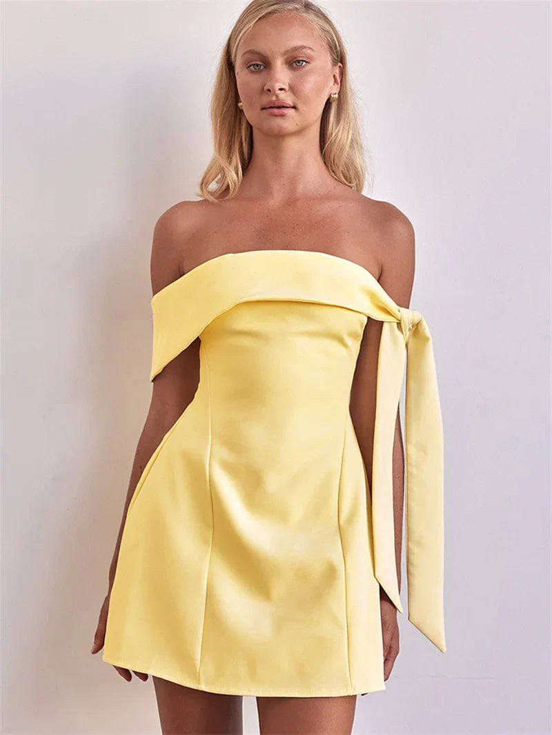 Mini A-line dress with bare shoulders decorated with tie - Sheli