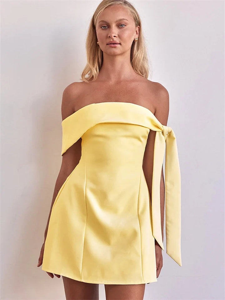 Mini A-line dress with bare shoulders decorated with tie - Sheli